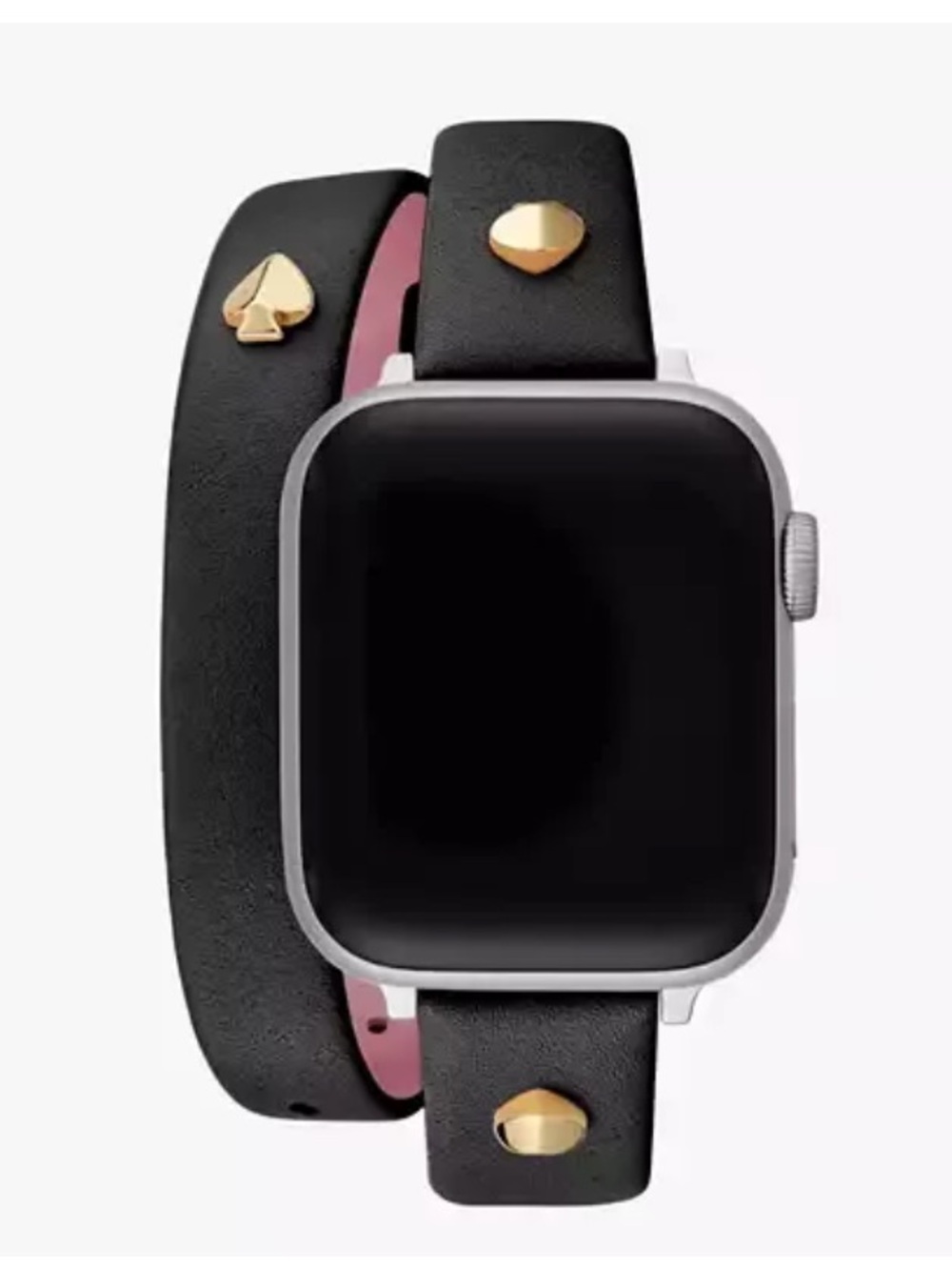 Kate Spade double wrap black leather Apple Watch band with gold hardware pink